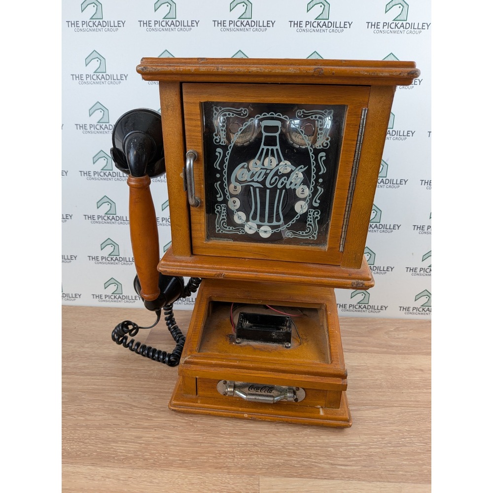 Vintage Coca-Cola Wood Wall Phone Replica Push Button Telephone with Drawer